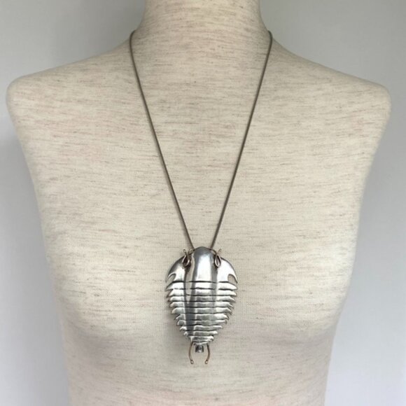 Sterling Silver 925 14K Yellow Gold Manta Ray Trilobite Pendant Necklace 25" - Picture 2 of 16